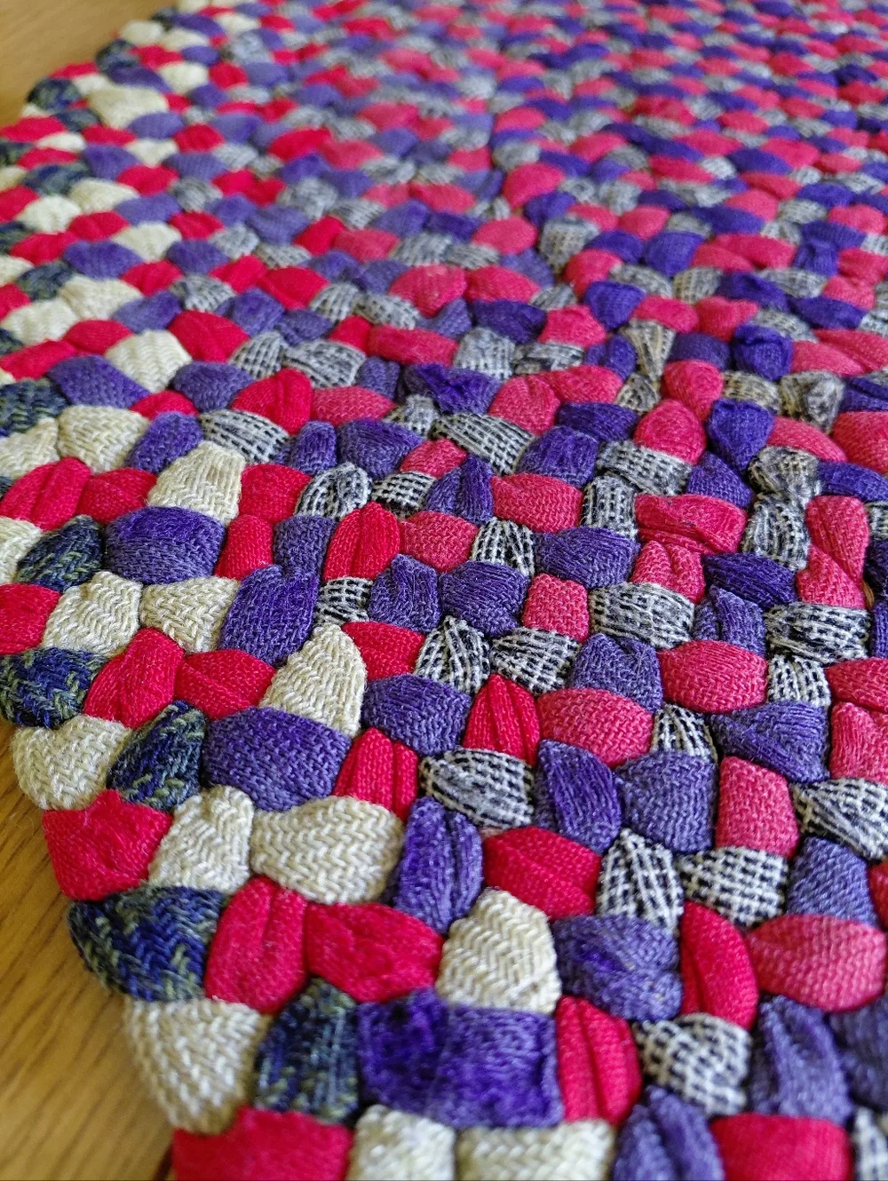 Antique pre 1920s family owned handmade round red & blue braided rag rug - 29